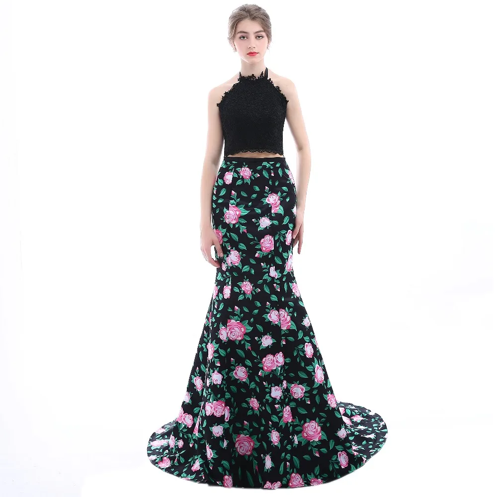 

BRLMALL Stunning Halter Mermaid Prom Dress 2017 Trendy Printed Flower Two Pieces Evening Dress Party Gown robe de soiree