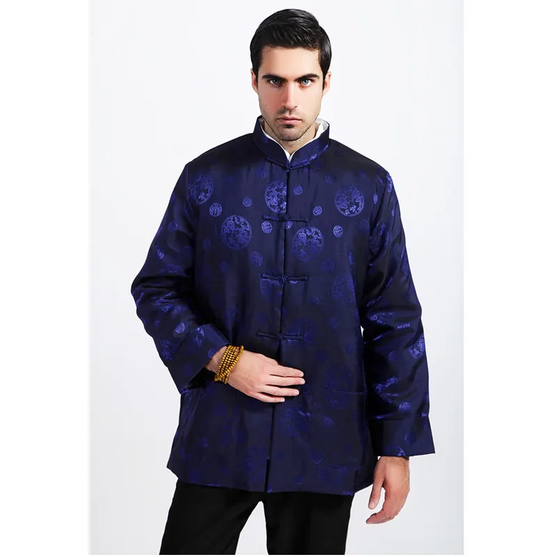 Новое синее китайское мужское шелковое атласное пальто Зимняя Толстая куртка с