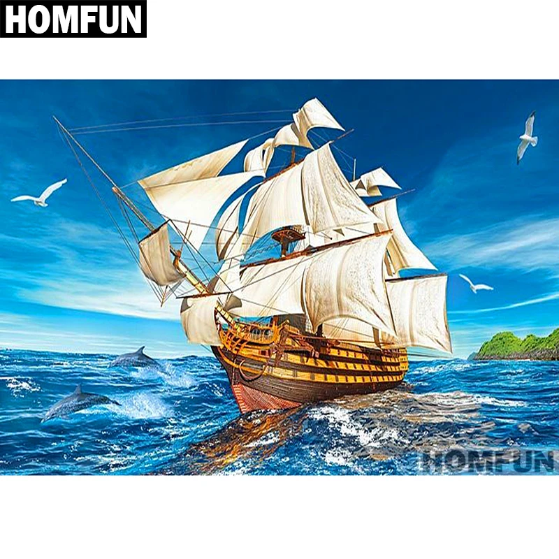 HOMFUN Full Square/Round Drill 5D DIY Diamond Painting &quotsailboat &amp dolphin&quot Embroidery Cross Stitch Home Decor A01594 | Дом и сад