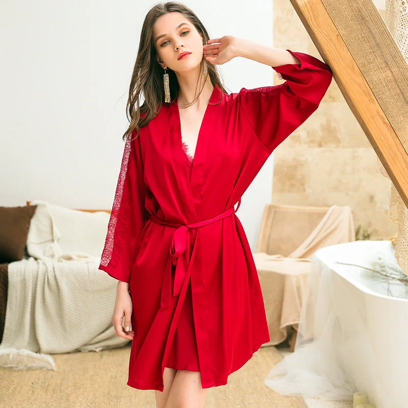 WINE RED Perfering, новая сексуальная пижама, Женский атласный шелковый халат, кружевные пижамы, ночные рубашки, мягкая ночная рубашка, женский халат, Дамский халат, M, L, XL, XXL - Цвет: WINE RED