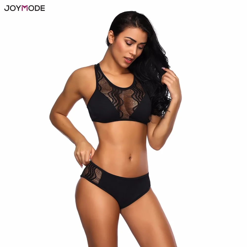JOYMODE 2018 Новый женский сексуальный кружевной купальник из двух частей черно белое