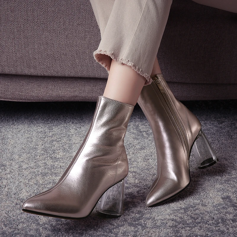 

WETKISS Crystal Heels High Boots Women Cow Leather Ankle Booties Pointed Toe Shoes Female Zip Party Shoes Ladies Autumn 2020 New