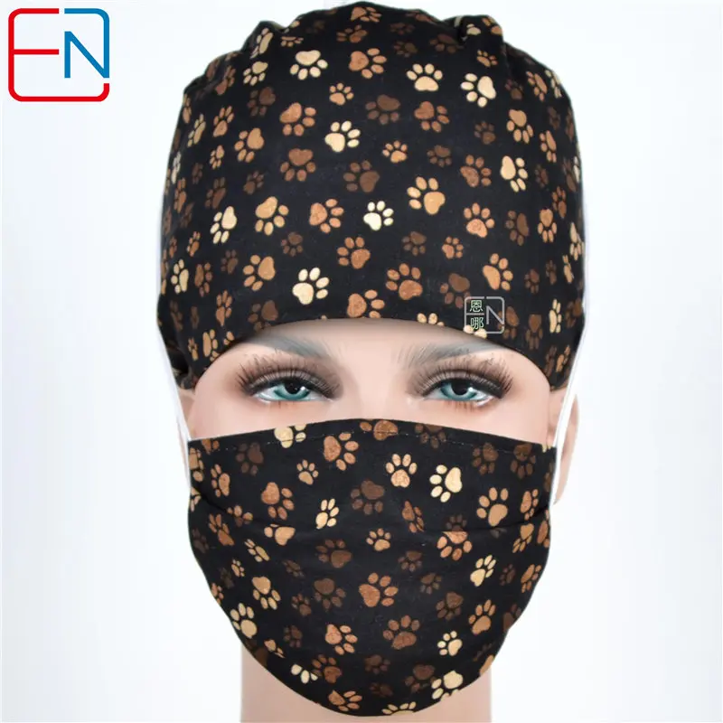 black cap and mask Hennar для женщин скраб шапки медицинские доктора медсестры напечатаны больницы клинические хирургические аксессуары хлопок Новые головные уборы наборы масок - Цвет: black cap and mask