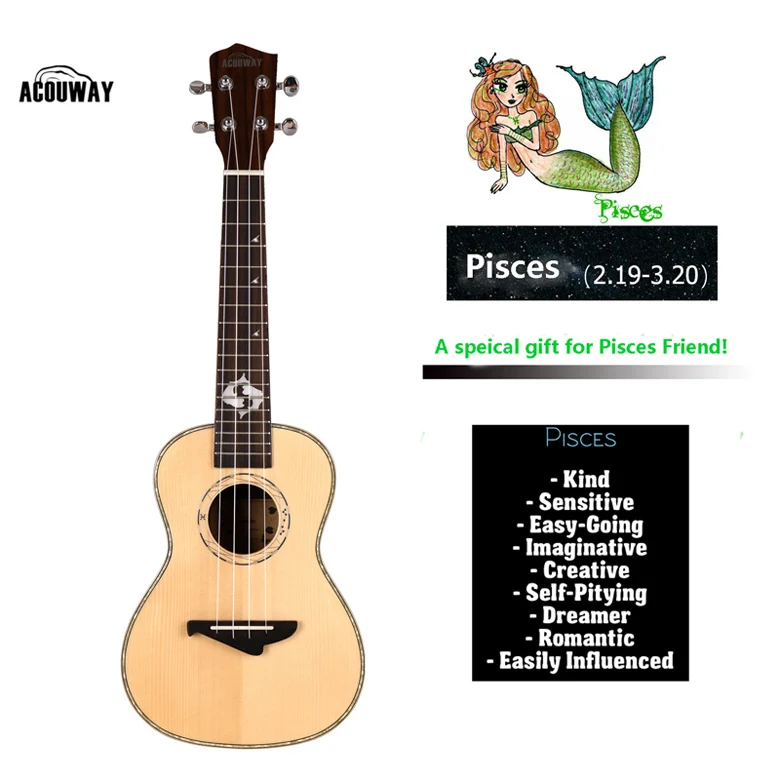 Pisces Acouway твердая ель Топ укулеле ukelele концертный тенор 23 26 укулеле глянцевая отделка 12 подарок зодиака подарок модель с бесплатной сумкой - Цвет: Pisces