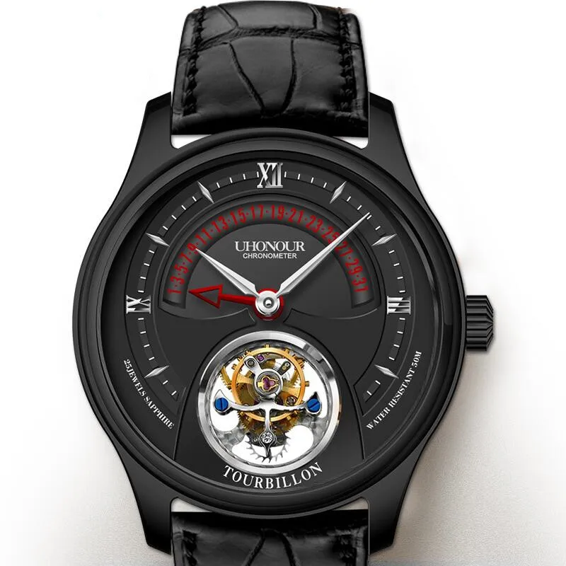 Black Dial Black Топ Tourbillon Move Мужские механические наручные часы с светящимся календарем из крокодиловой кожи мужские часы Tourbillon Montre Homme - Color: Black Dial Black