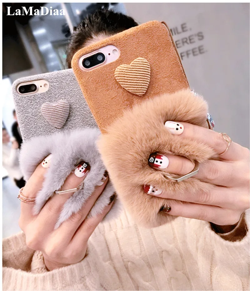 Зимний теплый плюшевый чехол для iphone 11 Pro MAX 6 6s 7 8 Plus X XS MAX XR телефонный чехол сo шнуром кроличья шерсть кронштейн женские модели