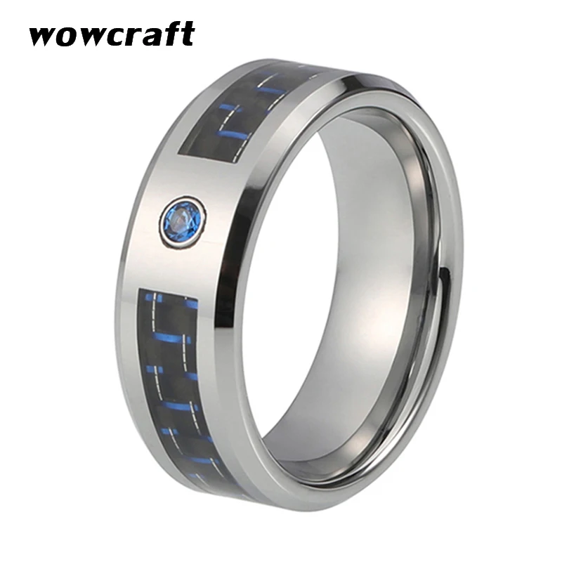 Mens Tungsten Carbide Ring Black Blue Carbon Fiber CZ Stone Setting Bevels Polished Engagement Band | Украшения и аксессуары