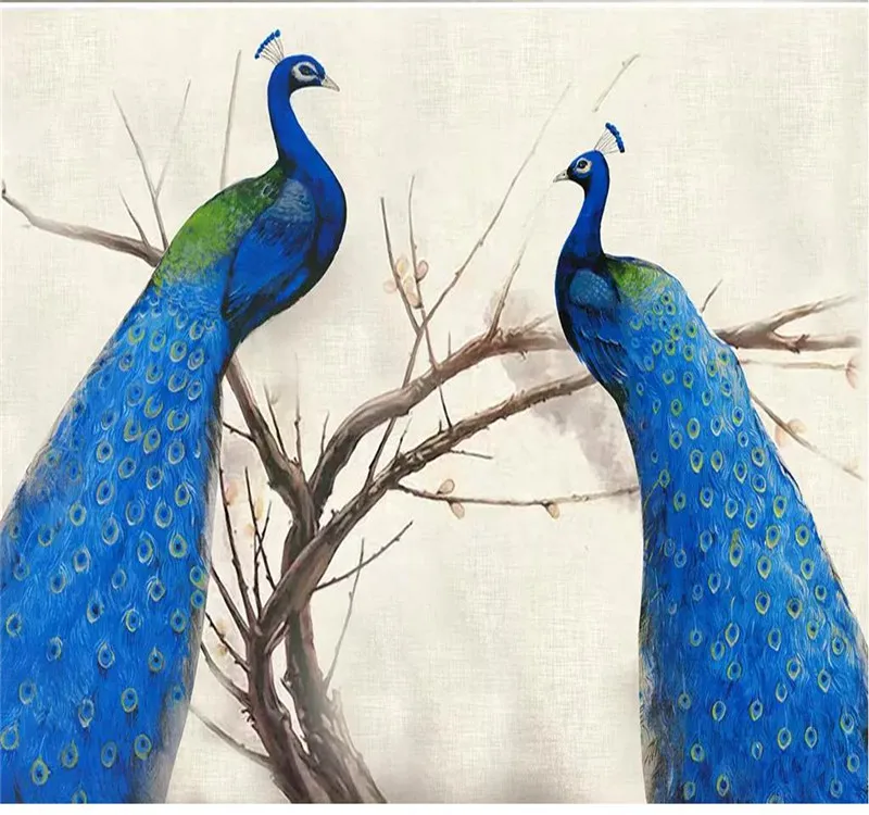 

3D mural creative branch on two blue peacock landscape oil painting background wall professional making mural photo wallpaper