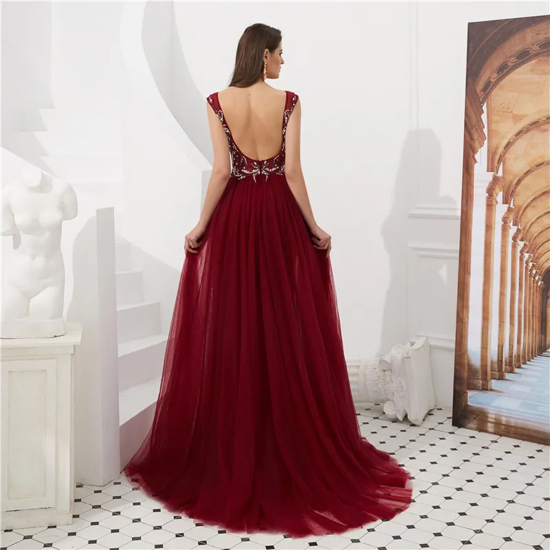Burgundy Evening Dress Mermaid 2019 V Neck Crystal Beading Sexy Backless Saudi Arabic Long Formal Gown Prom Party | Свадьбы и