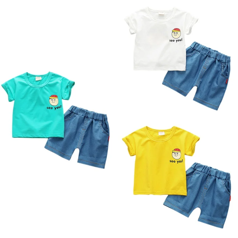 New Summer Baby Boys Short Sleeve Cotton Cartoon Letter Print Tops Blouse T-shirt+Shorts Casual Outfits Sets |