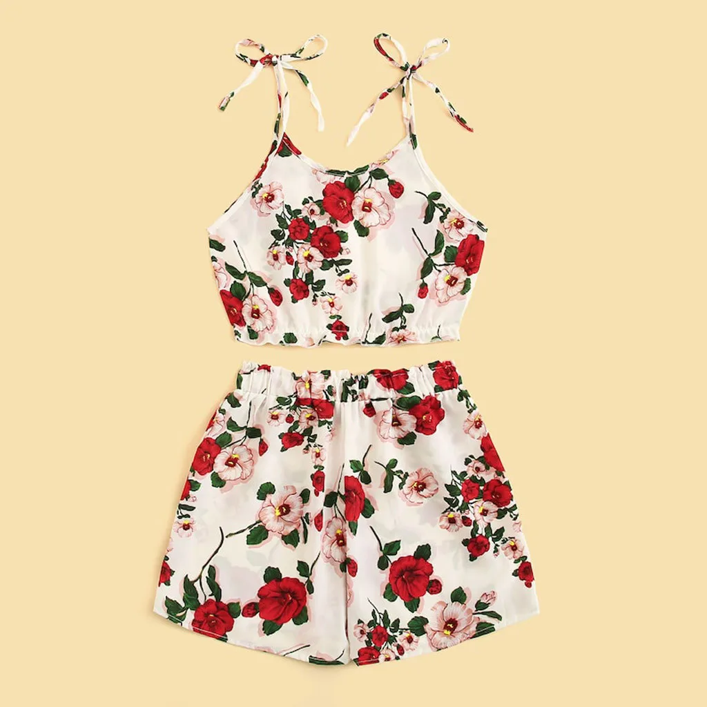 Robe femme 2 шт. модный vestidos ver Женский Повседневный костюм цветочный принт жабо топики Топ жилет+ галстук шорты комплект летняя одежда для женщин