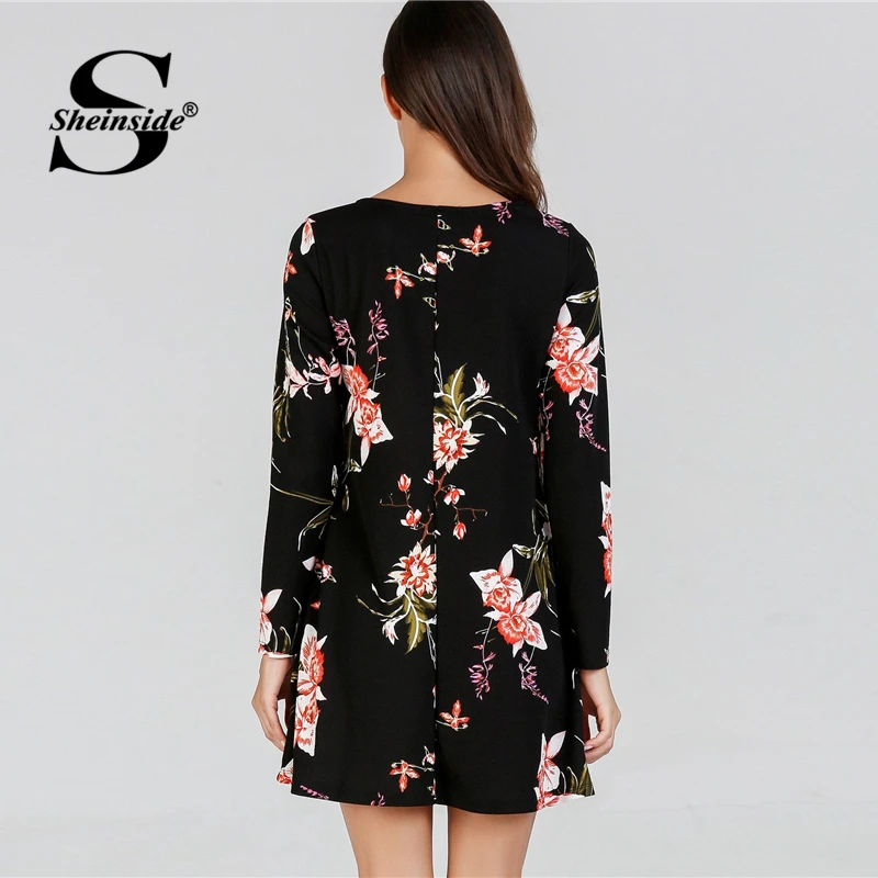 Sheinside, черное платье-туника с цветочным принтом, для женщин, OL, для работы, короткое, прямое, для девушек, платья,, длинный рукав, повседневное, цветочное, мини платье