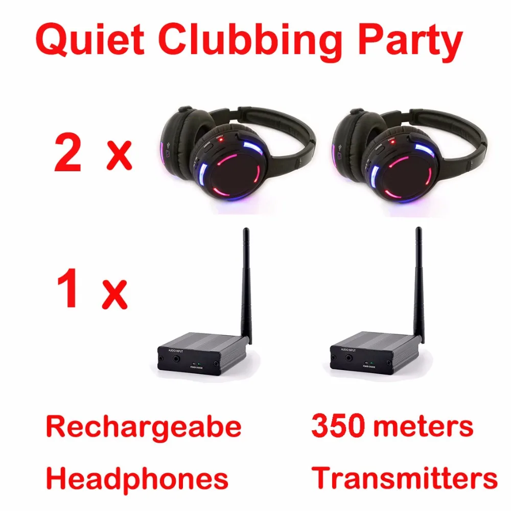 

Беспроводные наушники Silent Disco compete system, черные светодиодные наушники, тихий комплект для клубов и вечеринок (2 наушников + 1 передатчик)