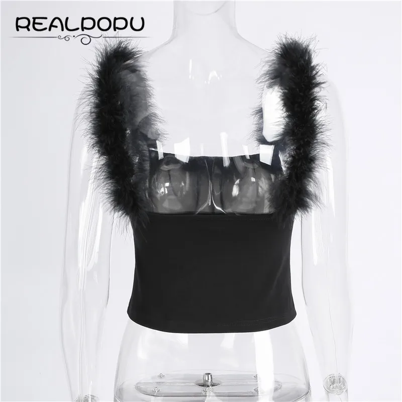 Realpopu, пушистые бретельки, с вырезом лодочкой, Топики, без рукавов, спагетти, топы, сексуальные, обтягивающие, тонкие, черные, хлопковые, модная офисная одежда для женщин