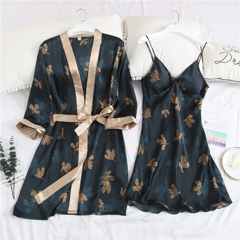 

Spring and summer new ladies nightgown sexy sling pajamas robe two-piece spring and summer printing home service sleepwear