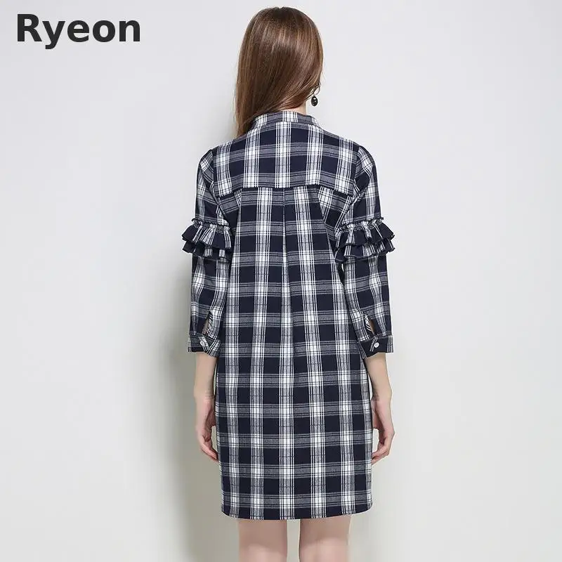 Ryeon L 5xl Плюс Размер Симпатичные Платья Свободные Плед Запястье Выше Колена Мини