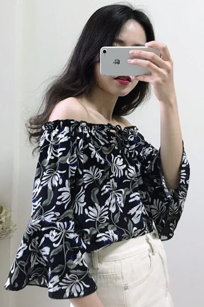 ladies tops autumn off shoulder blouse plus size blusas femininas elegante floral printing chiffon Flare Sleeve korean clothing |