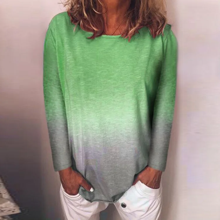 02 Long Sleeve Green Viensta, 29 цветов, модная, градиентная, цветная, с принтом, блузка, рубашка, для женщин, плюс размер, Круглый ворот, летние топы, новинка, короткий рукав, Boho Blusas, 5XL - Цвет: 02 Long Sleeve Green