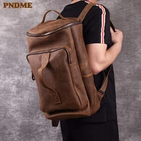 pndme vintage genuine leather mens backpack simple crazy horse cowhide designer large capacity travel bagpack luxury bookbags