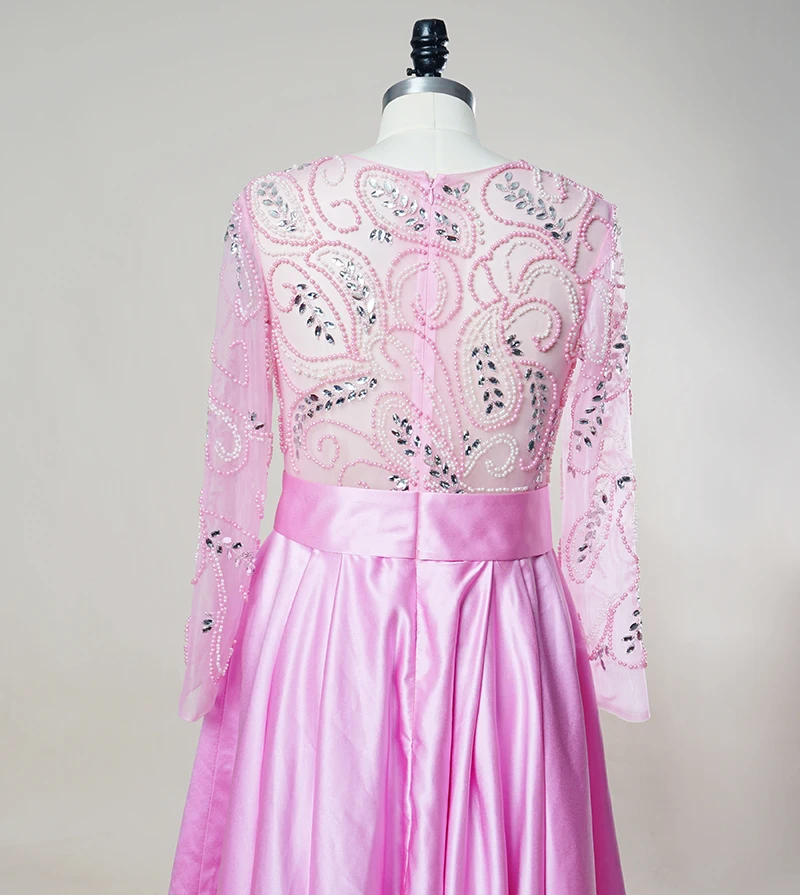 Видеть сквозь вечерние платья 2017 розовый цвет одежда с длинным рукавом бисером
