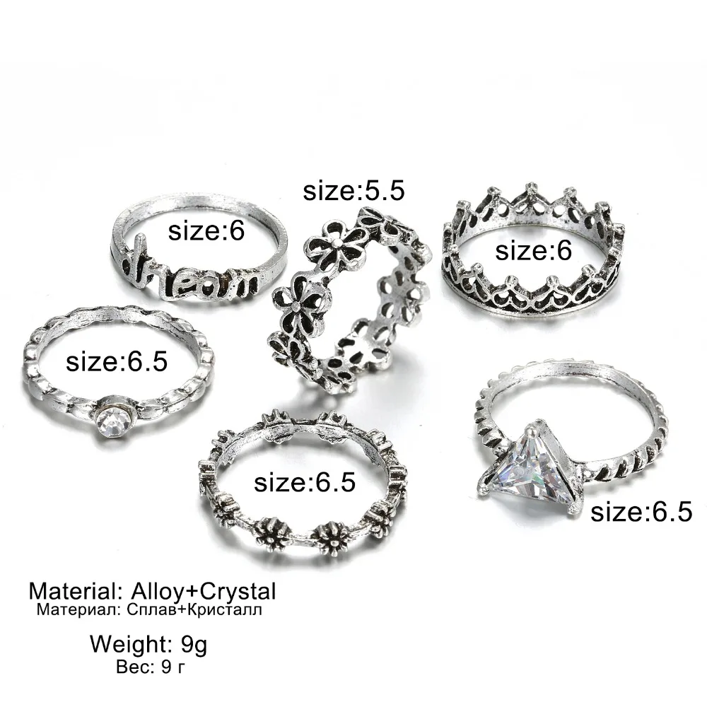 FAMSHIN 6 шт./компл. богемные панк этнические Любовь Корона кольцо с хрустальным