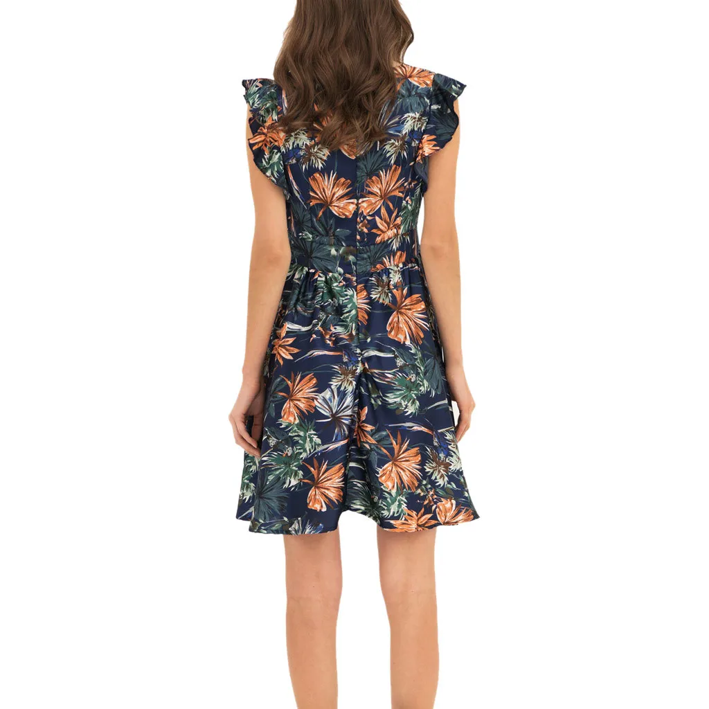 Летнее женское пляжное платье с v-образным вырезом и рюшами рукавами принтом в