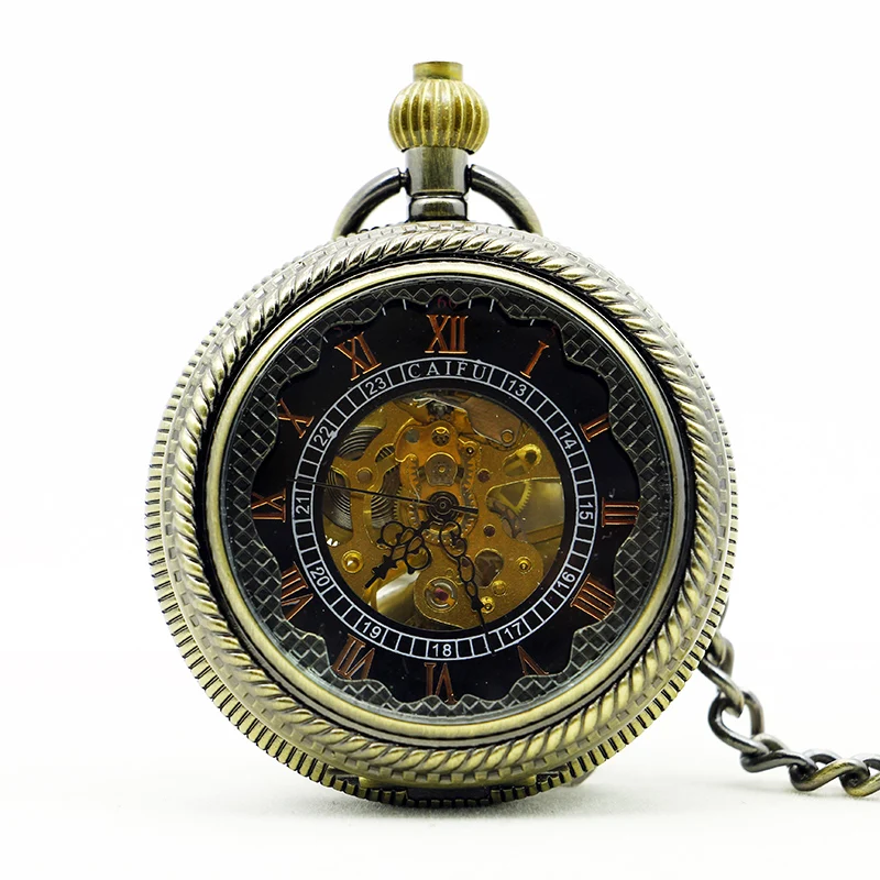 Corrugated Hollow Design Digital Display Manual Mechanical Pocket Watch Retro Steampunk Men's Necklace Pendant Accessory Gift