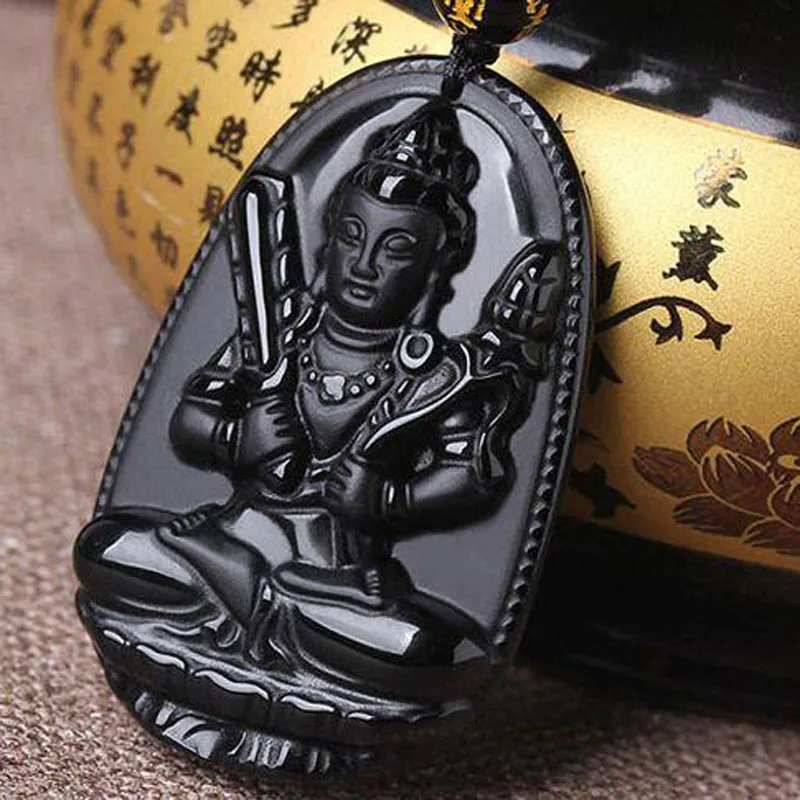 Натуральный черный Обсидиан Резной амулет Guan Yin на удачу кулон ожерелье для