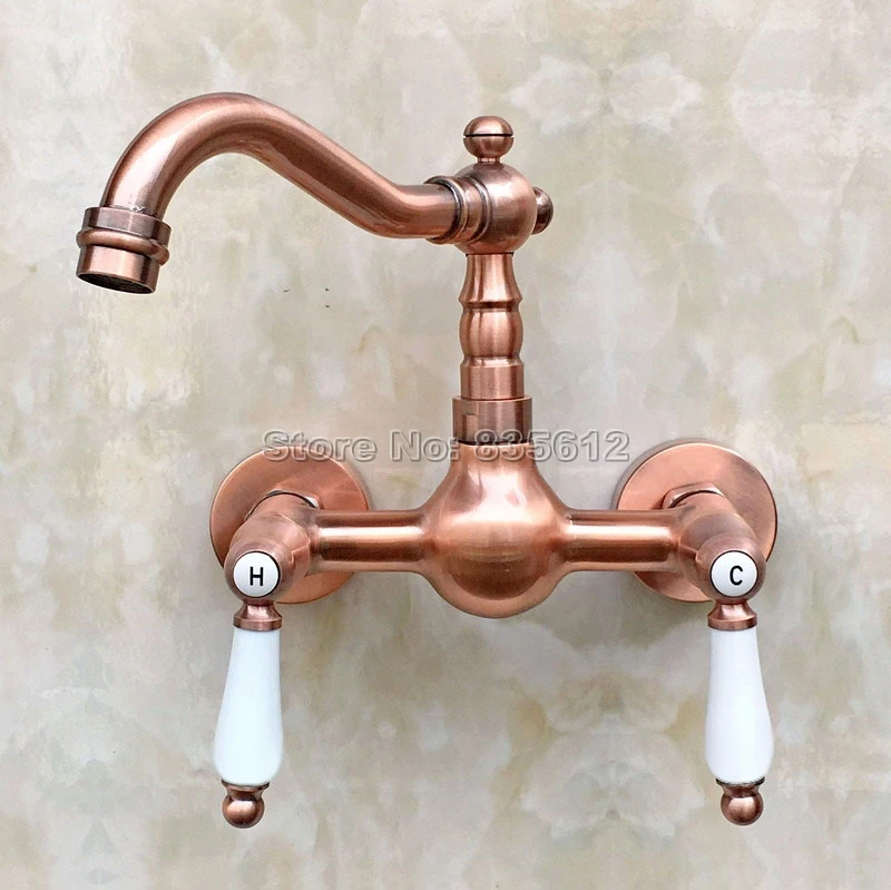 

Antique Red Copper Kitchen Sink Swivel Spout Faucet / Ceramic Handles Basin Mixer Taps 2 Hole Wall Mounted Wrg035