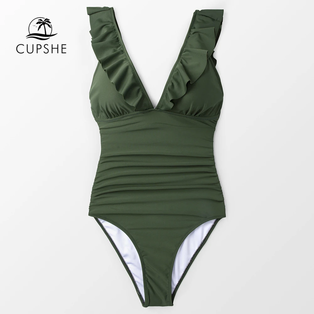CUPSHE сплошной армейский зеленый гофрированный Цельный купальник, женский сексуальный Монокини на шнуровке, купальник, пляжные купальные костюмы для девочек