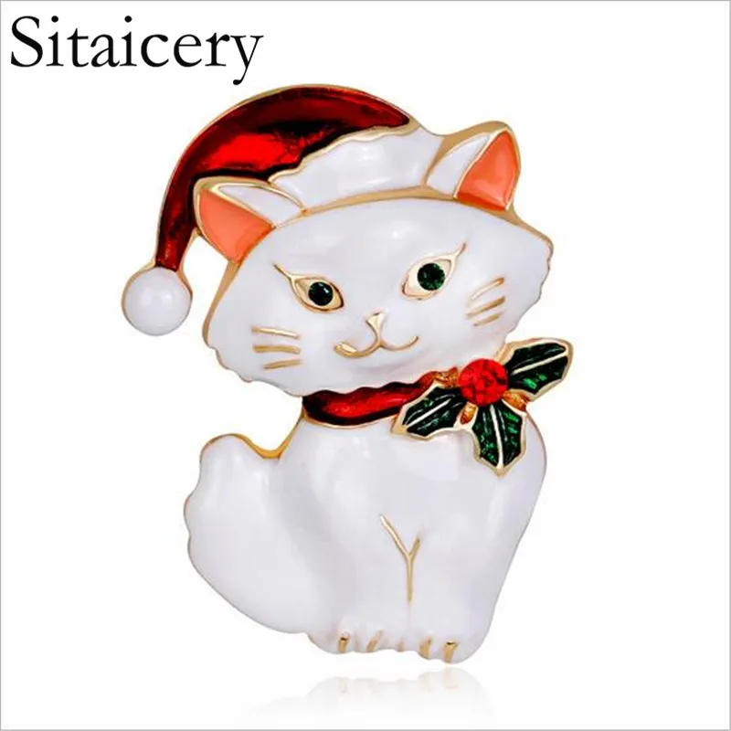 

Sitaicery Women's Vintage Enamel Lovely White/Black Cat Christmas Brooch Pin Breastpin Christmas Gift For Women