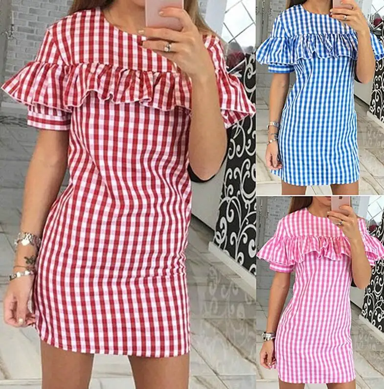 Новые 2017 Летние Платья Женщины Партия Bodycon Элегантный Dress Ruffled Плед vestidos | Женская