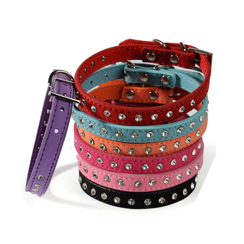 1 шт. Новый однотонный кожаный ошейник для собак маленький кошек со стразами