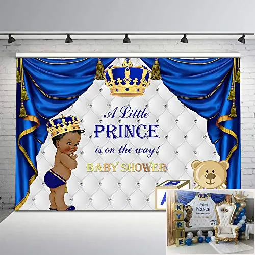 

Mocsicka Baby Shower Photography Backdrop Royal Blue Little Prince Photo Background Gold Grown Cute Baby Bear Sliver Backdrop