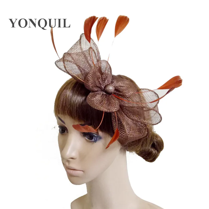 

Yellow Sinamay Fascinator Hair Accessories With Feather Hairbands Decorative Women Wedding Hat DIY Hair Clips Or Multiple Colors