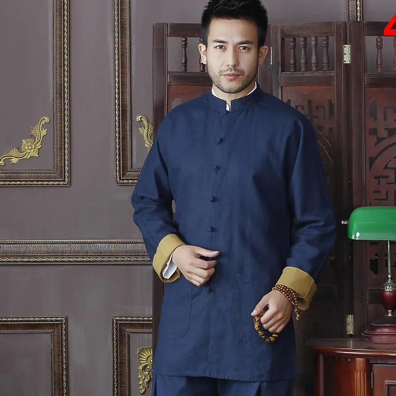 Синяя и Золотая Китайская традиционная Мужская двухсторонняя хлопковая льняная