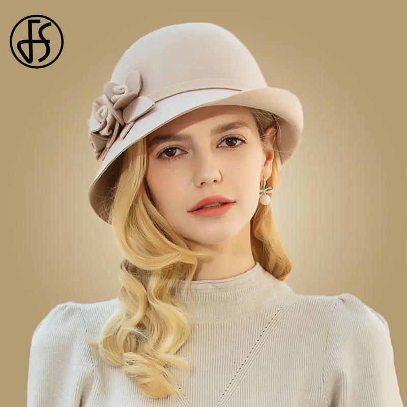Camel Wool Hat FS австралийская шерстяная шляпа-Клош для женщин с широкими полями зима осень Дерби фетровая шляпа-котелок - Цвет: Camel Wool Hat
