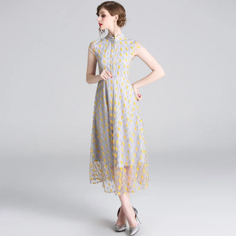 Young Gee мандарин кружевное платье с вышивкой Vestidos до середины икры тонкие вечерние