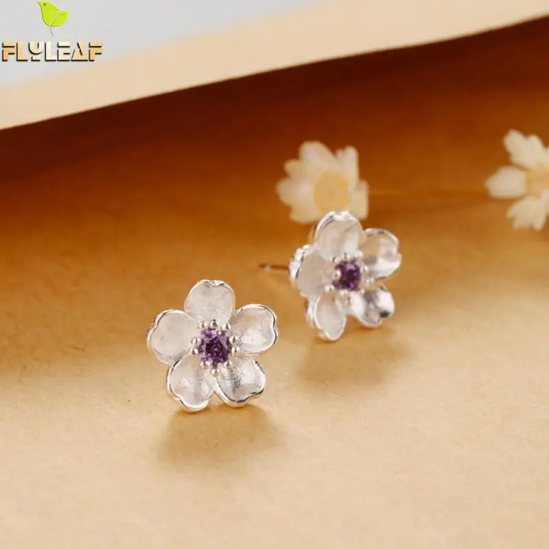 

Flyleaf Brand Purple Cubic Zirconia Sakura Flowers Stud Earrings For Women Girl Romantic Sterling-silver-jewelry