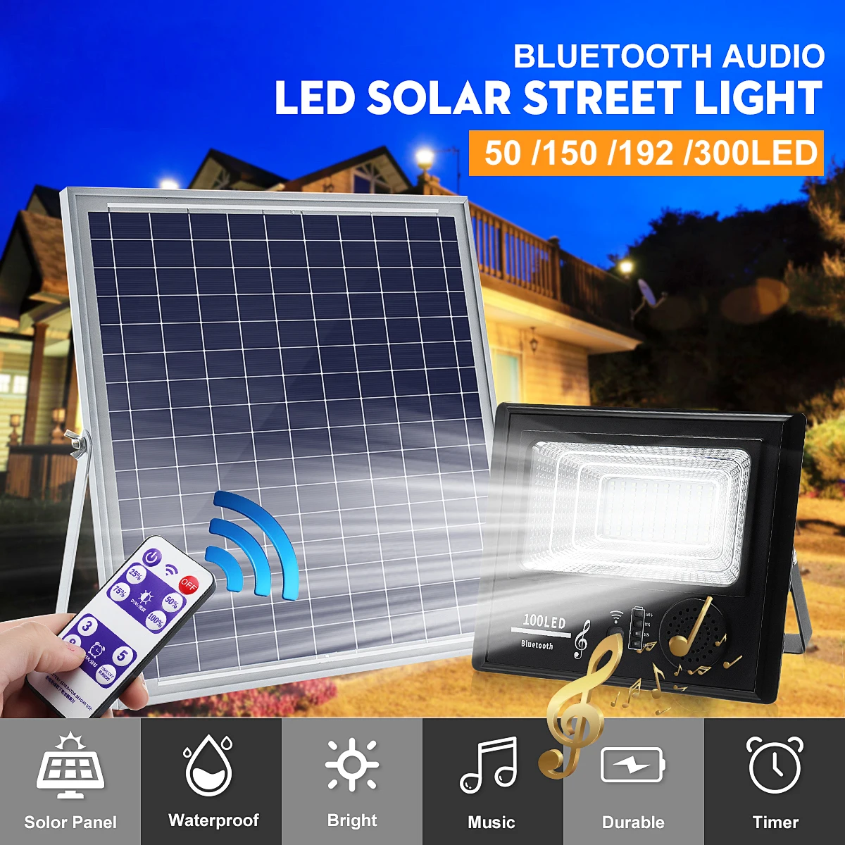 50/100/192/300 светодиодный солнечный Мощность 50 W/100 W/200 W/300 Вт для слушания музыки потолочные светильник bluetooth Динамик напольный светильник IP67 Водонепроницаемый энергосберегающие лампы