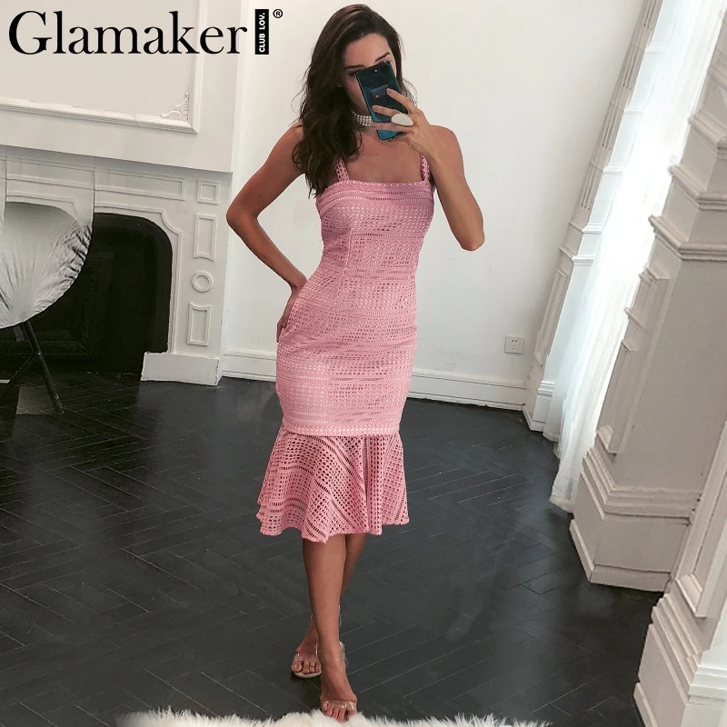 Glamaker/кружевное женское платье с рюшами, летнее платье-бандо, уличная одежда, Повседневное платье-карандаш, облегающее длинное платье на бретельках, винтажное Сетчатое платье, vestidos