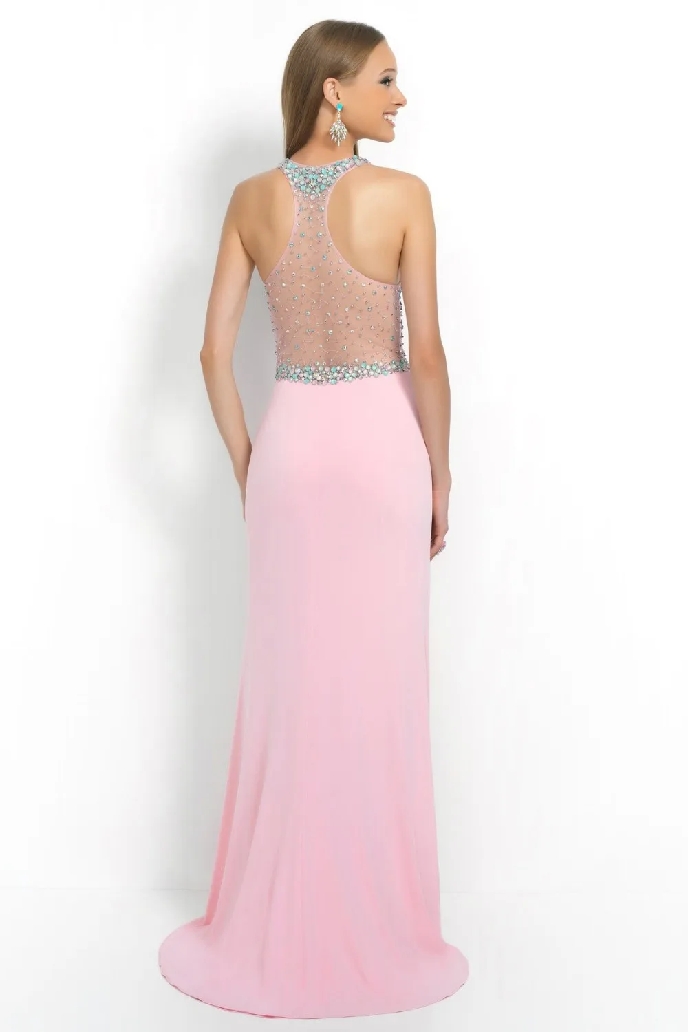 Crystal Rhinestones Chiffon Long Evening Dresses See Through Transparent Sexy Design Vestidos De Festa Longo Soiree A Line | Свадьбы и