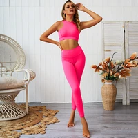 women sportwear fluorescent color yoga set 2 pieces back zipper tops leggings fitness sports suit for women gym workout set