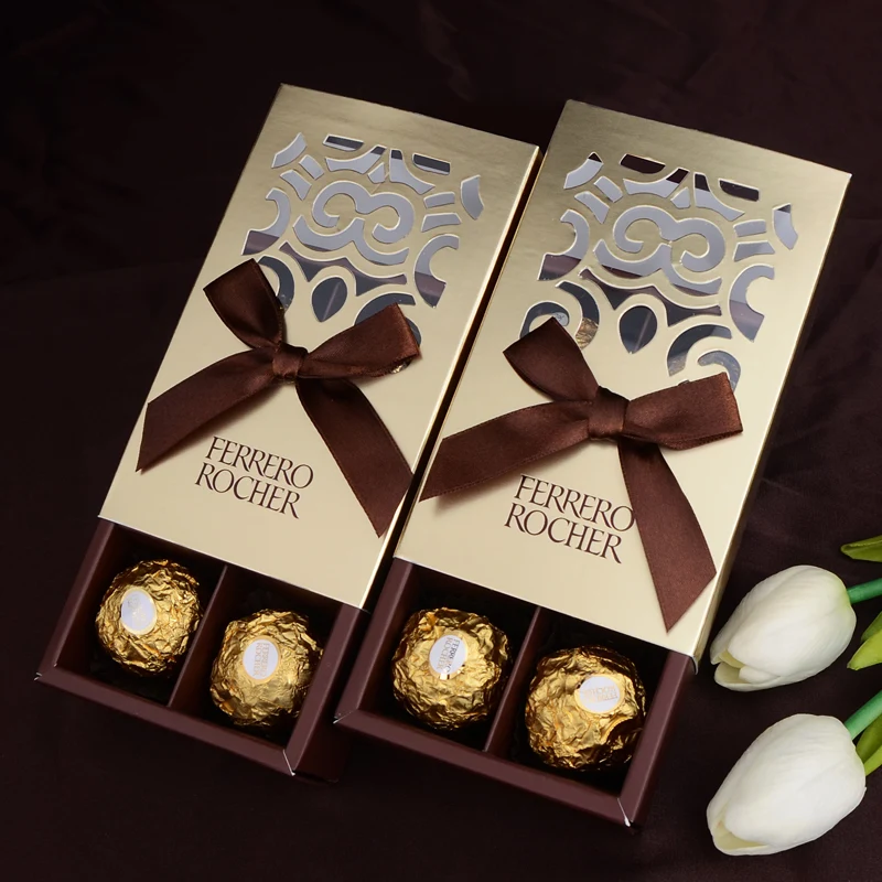 FERRERO ROCHER коробки, свадебные сувениры милые подарки сумки вечерние поставки Baby Shower Ferrero шоколадные конфеты коробки 6 отверстий золотого цвета с бантом