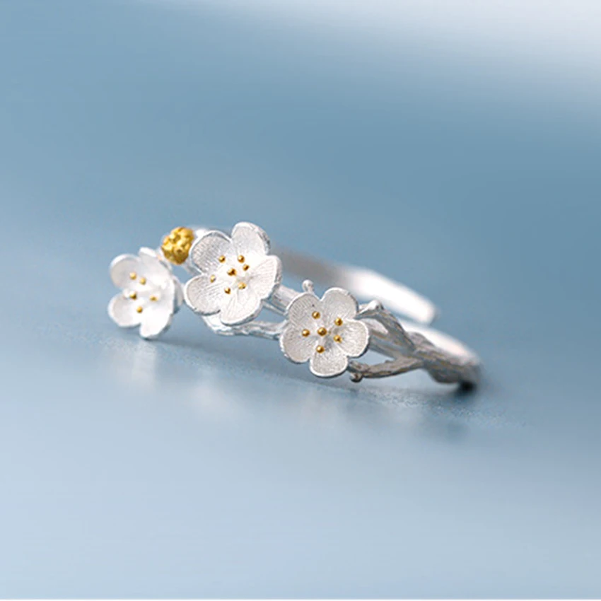 Kinitial New 925 Sterling Silver Plum Flower Rings for Midi Jewelry Fashion Open Adjustable Finger Ring women Gift | Украшения и