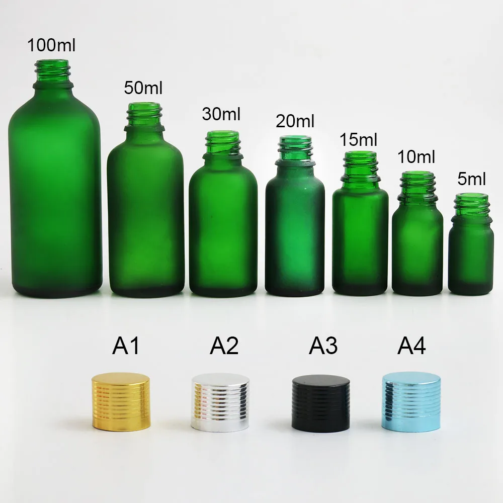

10pcs/lot 5ml 10ml 15ml 20ml 30ml 50ml 100ml Travel Frosted Green Glass Essential Oil Bottle With Gold Silver Black Blue Cap