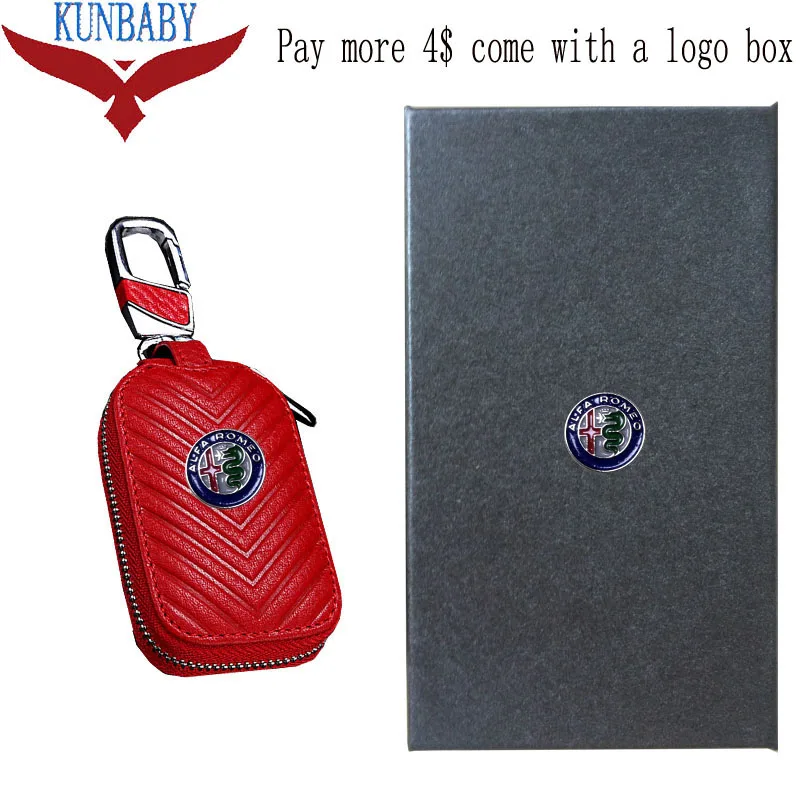 KUNBABY из натуральной кожи Для мужчин ключи визитница, кошелёк Mulfifunction ключницы Для женщин ключница держатели брелоки для автомобиля Alfa Romeo - Название цвета: Red with logo box