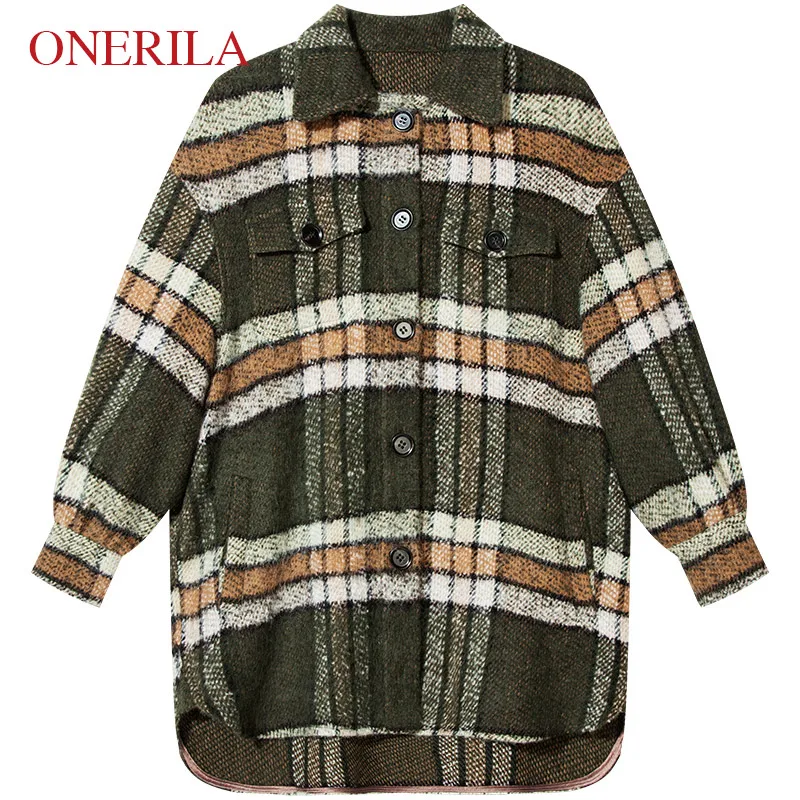 ONERILA 2018 New Winter Casual Vintage Loose Single Breasted Green Plaid Wool Coat Long Sleeve Turn Down Collar Women Overcoat | Женская
