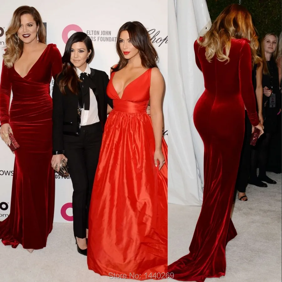 Khloe красный ковер для Оскары вечернее платье с V образным вырезом и длинными