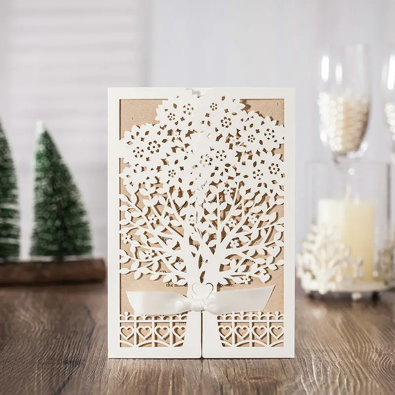 1pcs Sample White Tree Designed Elegant Laser Cut Wedding Invitation Cards Greeting Card With Ribbon &ampEnvelope&ampSeals | Дом и сад